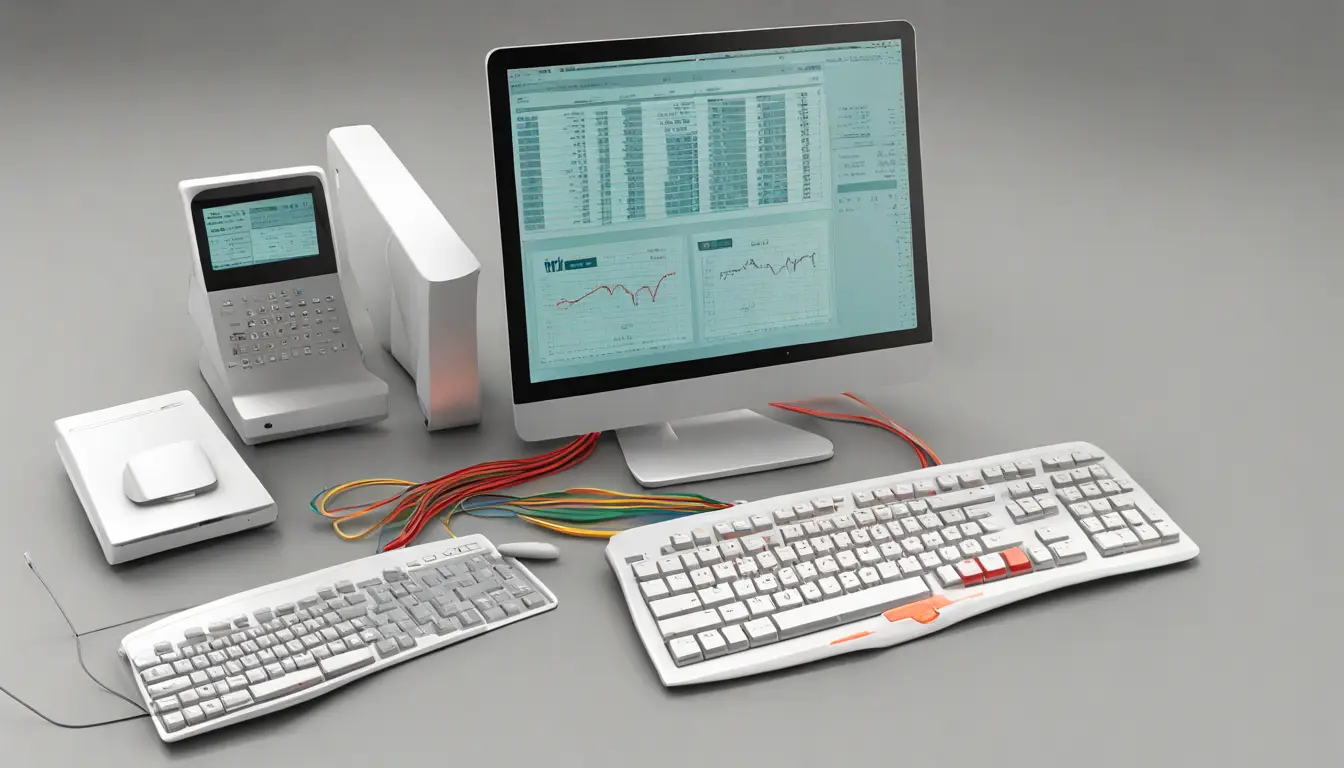 Pilha de catálogos PDF em tela de computador ao lado de calculadora e teclado, com gráficos e tabelas visíveis.