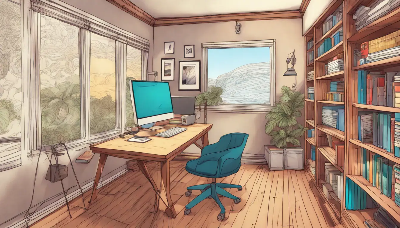 Tela de computador com gráficos coloridos ao lado de catálogos PDF em mesa de escritório iluminada.