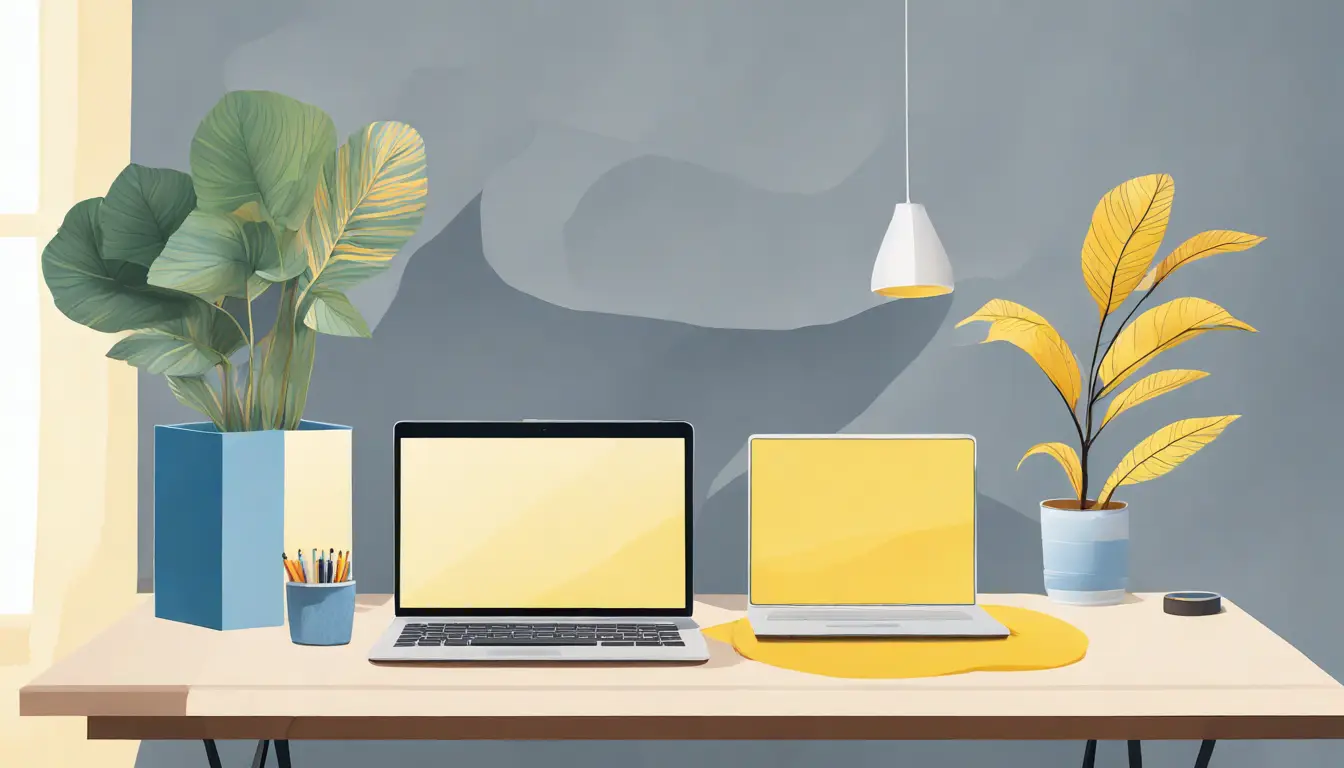 Escritório com laptop mostrando gráficos, caneta azul e bloco de notas amarelo, planta em vaso branco à direita.
