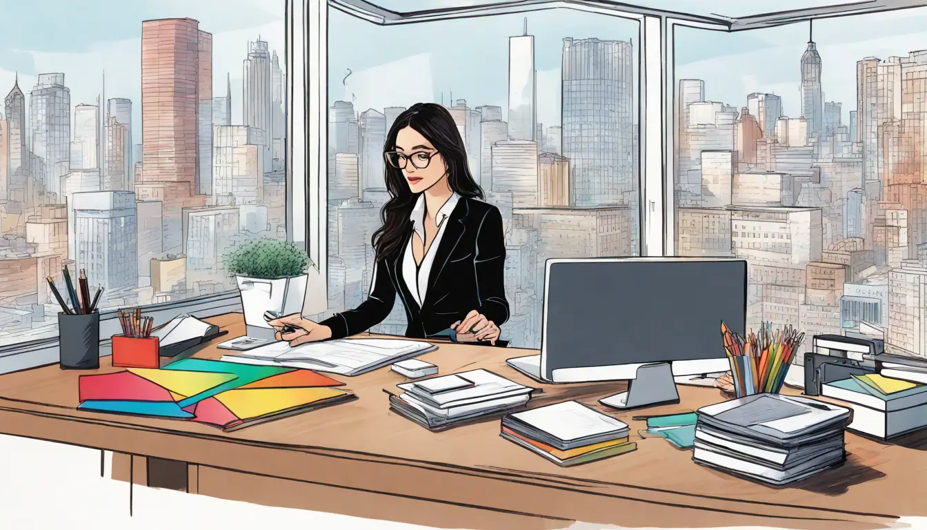 Executiva examina catálogo colorido em mesa de escritório organizada com computador e vista de cidade ao fundo.