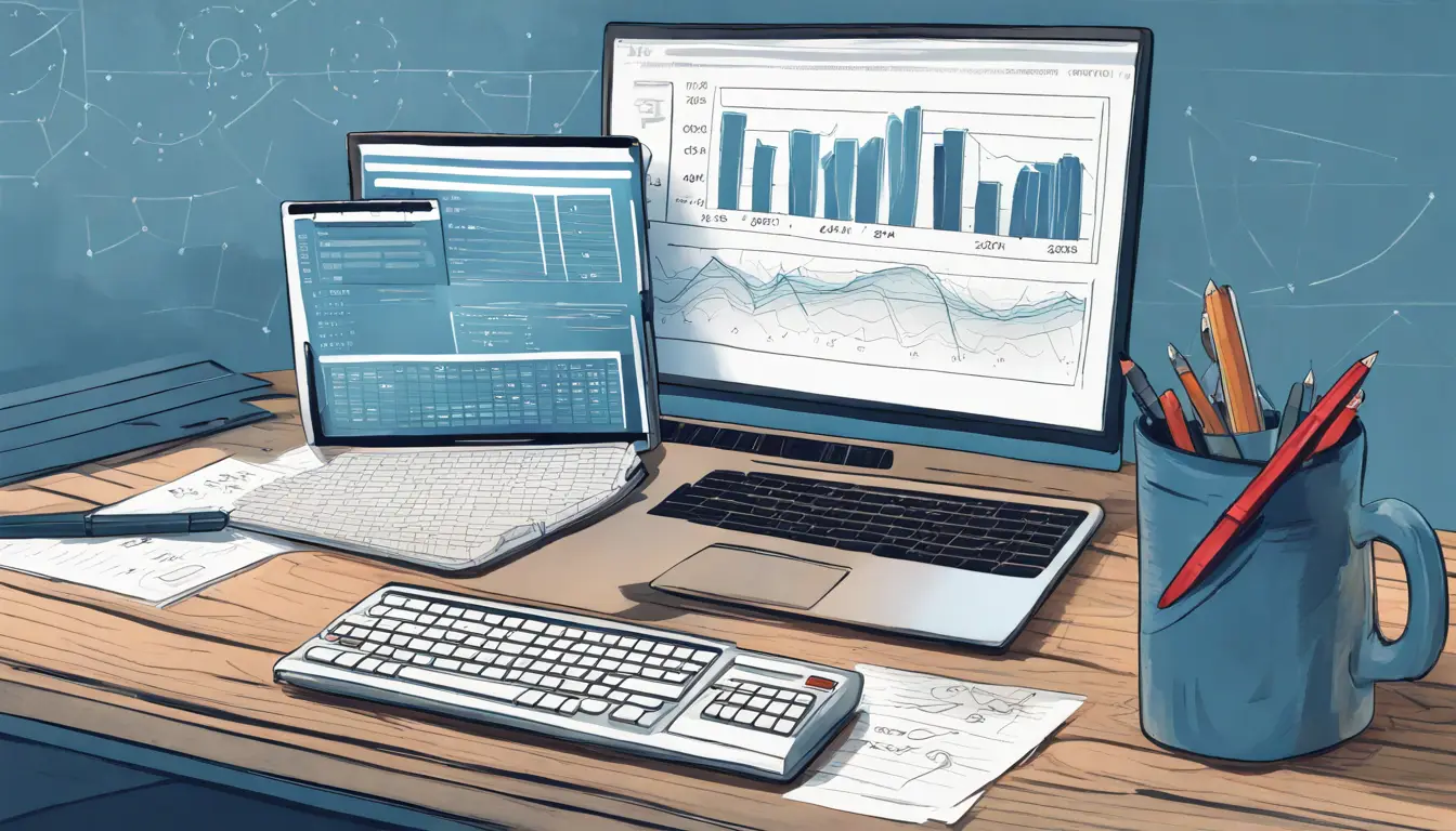 Computador com interface de catálogo digital ao lado de calculadora e caderno em mesa de escritório com gráficos financeiros ao fundo.