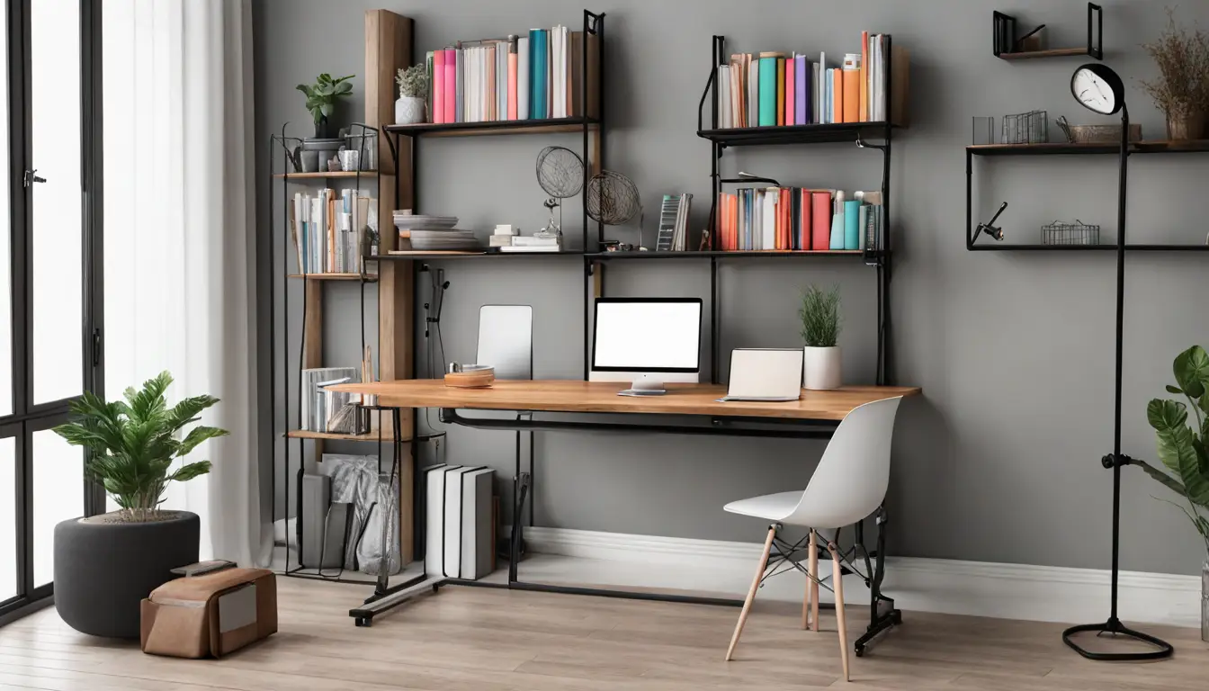 Mesa de escritório com laptop aberto e catálogos coloridos, estante ao fundo e janela grande à direita.