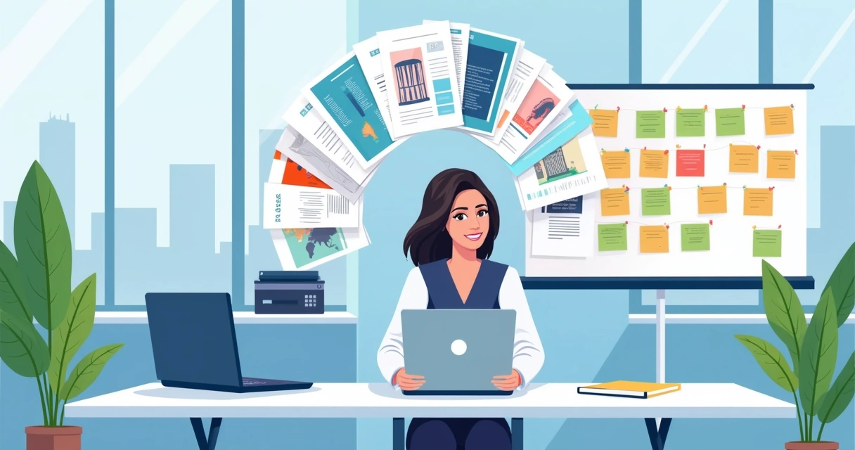 Mulher analisando dados de vendas em um ambiente moderno com catálogos PDF coloridos ao redor.