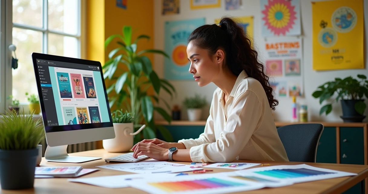 Designer creating a colorful catalog in Canva with templates and swatches on a stylish desk.