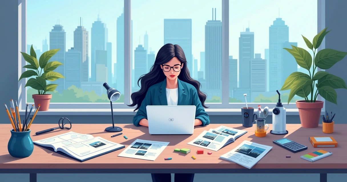 Espaço de trabalho moderno com mulher criando um catálogo de produtos B2B em computador.