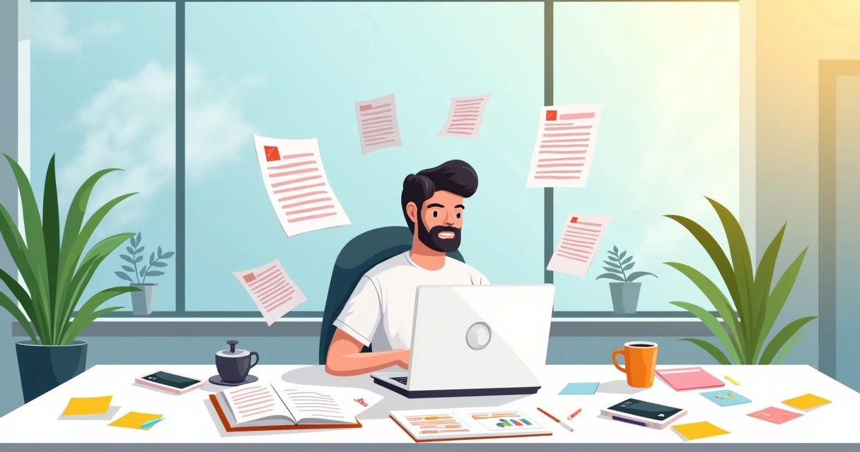 Pessoa criando um catálogo PDF em um ambiente de trabalho moderno e iluminado, com mesa organizada e plantas.