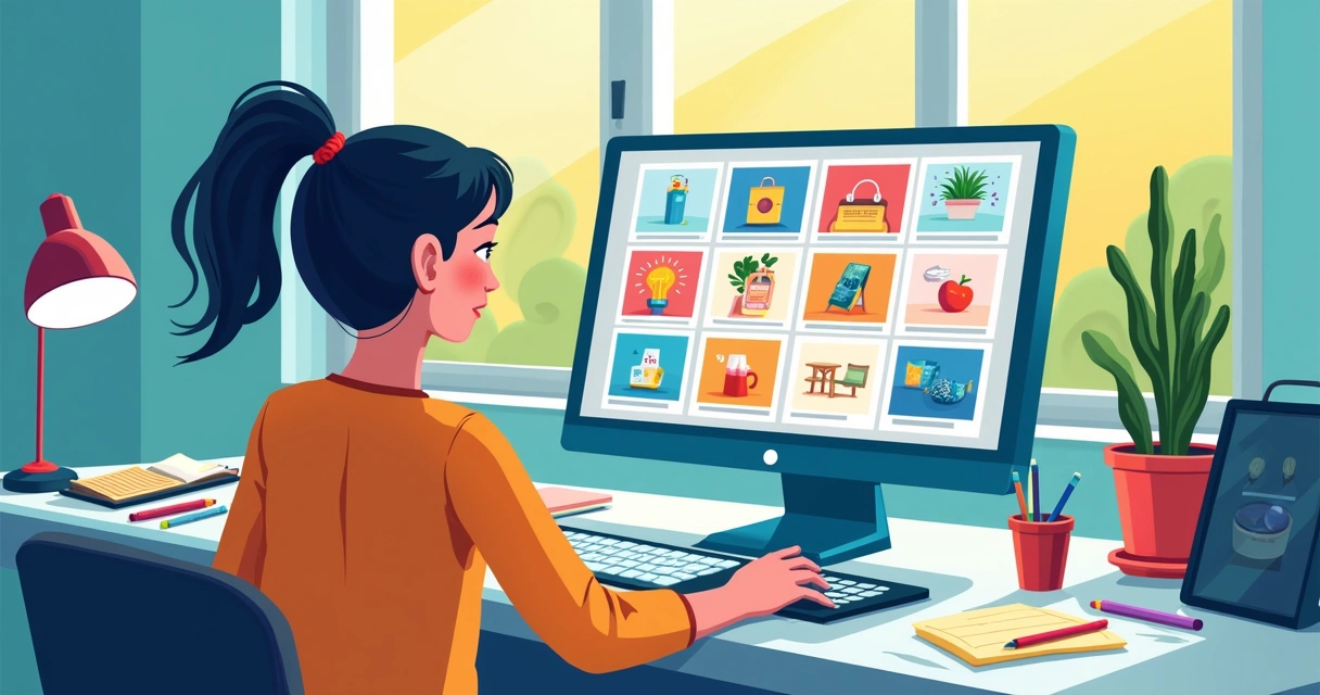 Ilustração de pessoa criando um catálogo de produtos no Canva em um ambiente de trabalho iluminado e alegre.