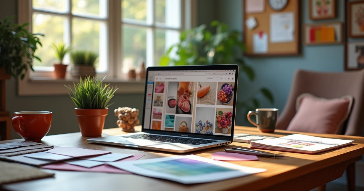 Espaço de trabalho criativo, com laptop, materiais de design e paredes decoradas, ideal para criação de catálogos.