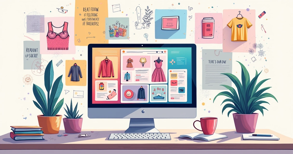 Espaço moderno para criação de catálogos, com produtos ilustrados e um computador estiloso em primeiro plano.