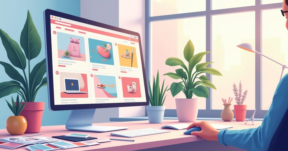 Espaço de trabalho digital colorido com um computador exibindo um catálogo personalizado e materiais de design.