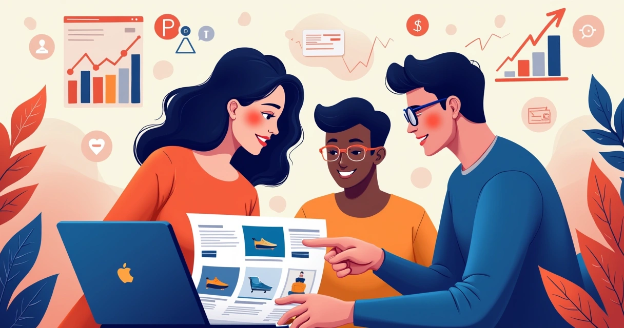 Grupo de profissionais utilizando um laptop para criar catálogos PDF, com gráficos de vendas ao fundo.