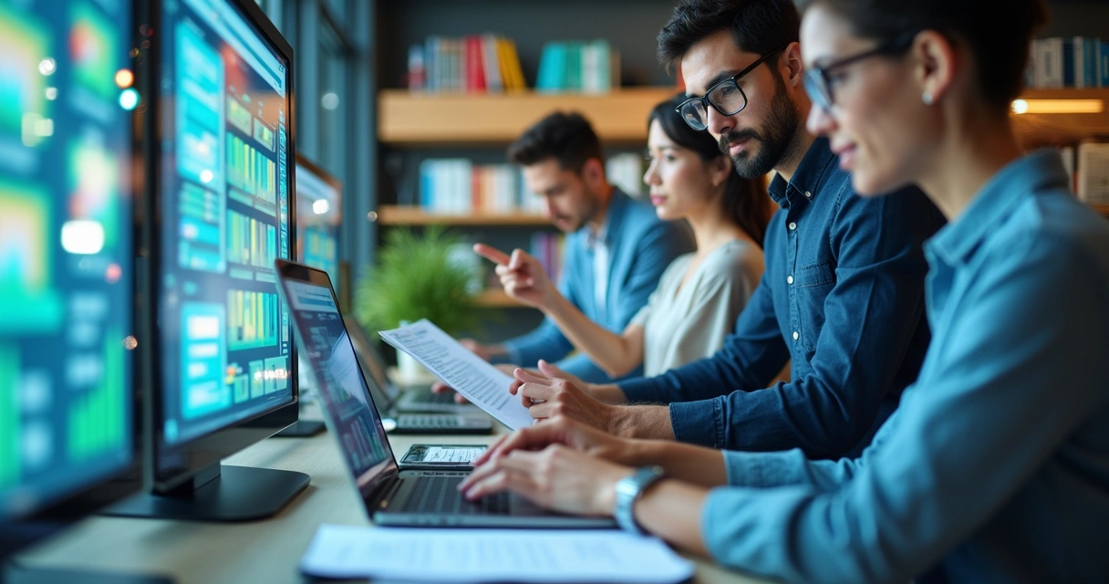 Equipe atualizando um catálogo digital em um ambiente de escritório moderno e iluminado.