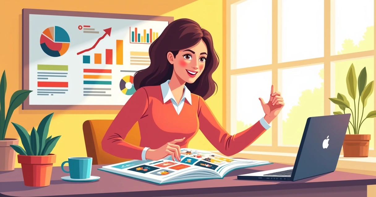 Espaço de trabalho produtivo com uma gerente analisando um catálogo colorido, gráficos e luz natural.