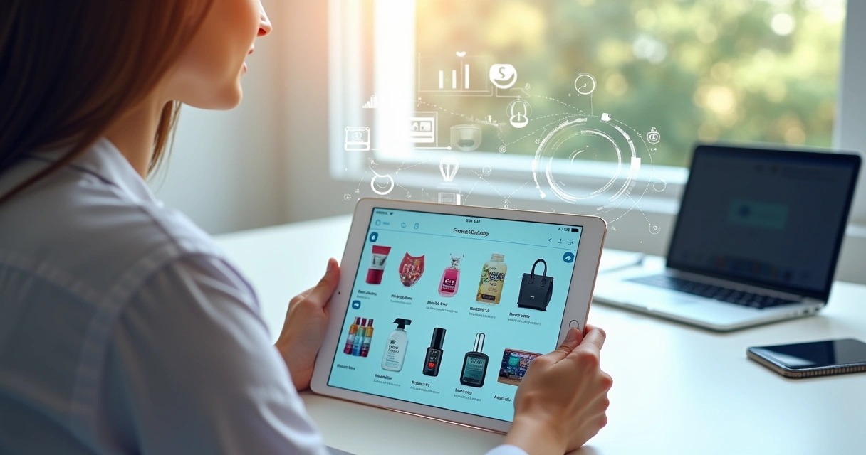 Pessoa usando tablet para montar catálogo digital interativo com produtos variados e interface moderna