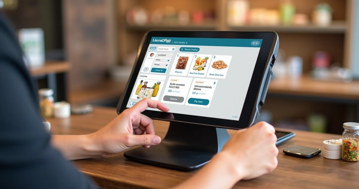 Pessoa utilizando uma maquininha Point Smart do Mercado Pago para cadastrar produtos em um catálogo digital, com tela mostrando categorias como doces e bebidas
