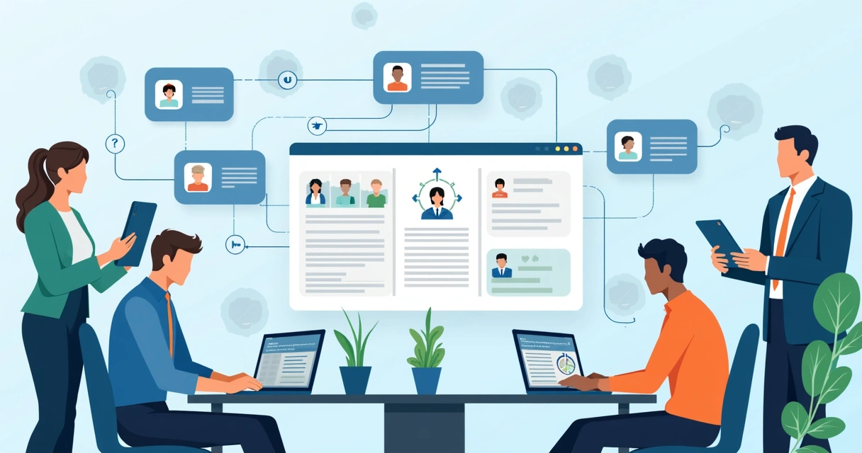Ilustração corporativa plana mostrando processo de admissão digital integrado com sistemas de RH e assinatura eletrônica