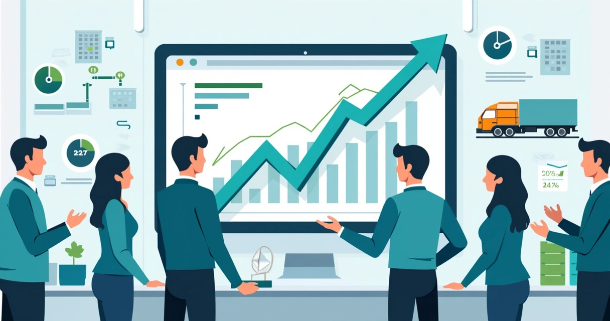 Ilustração corporativa mostrando equipe de vendas com gráficos de vendas e previsão em tela digital