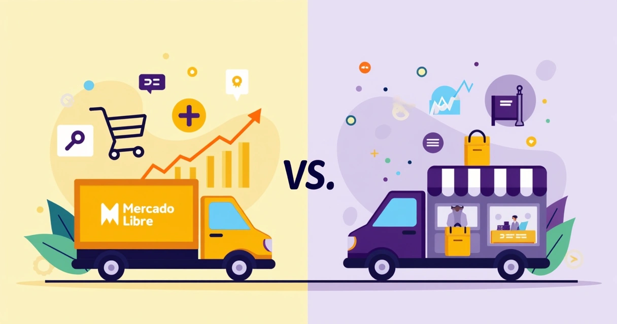 Ilustração corporativa mostrando comparação entre Mercado Livre e Magalu com gráficos, logos e elementos de e-commerce conectados