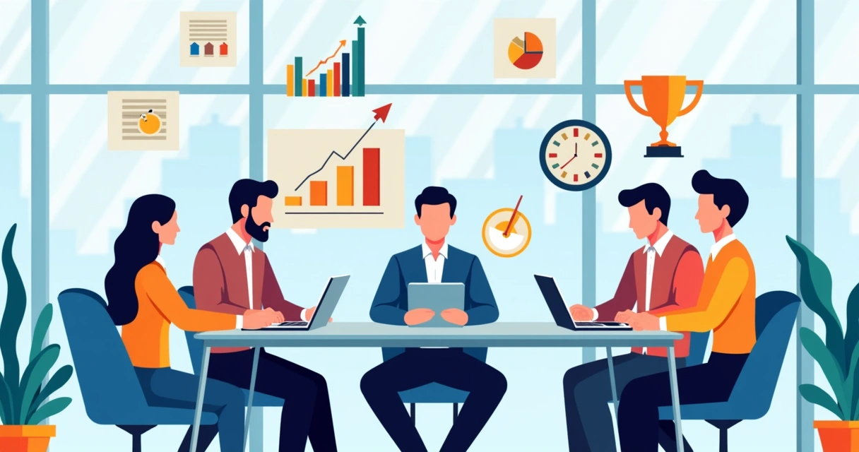 Ilustração corporativa plana mostrando equipe de vendas reunida definindo metas com gráficos de crescimento e ícones de objetivos, prazos e resultados