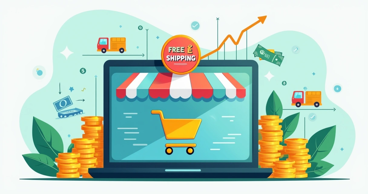 Ilustração corporativa mostrando uma loja online com carrinho de compras e símbolo de frete grátis sobreposta com moedas e gráficos de análise financeira