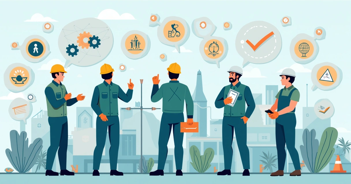 Ilustração corporativa mostrando trabalhadores com equipamentos de proteção em ambiente industrial seguro, símbolos de riscos físicos, químicos e psicossociais ao redor, com gráficos e ícones de controle de riscos ao fundo