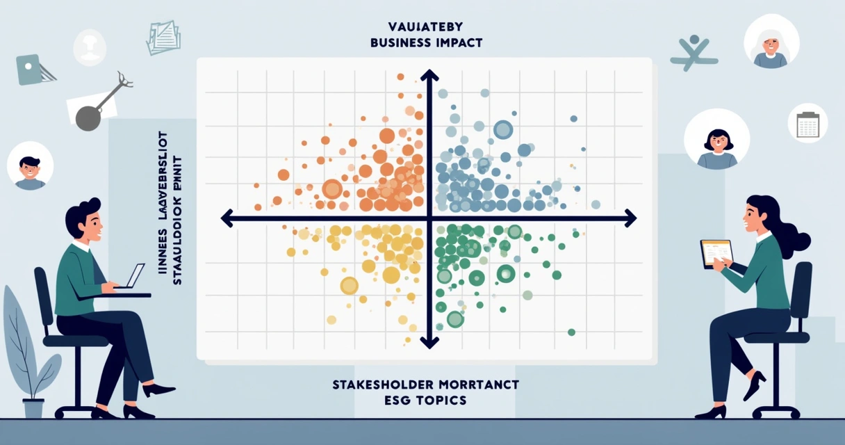 Ilustração corporativa de gráfico de matriz de materialidade com dois eixos representando impacto no negócio e importância dos stakeholders