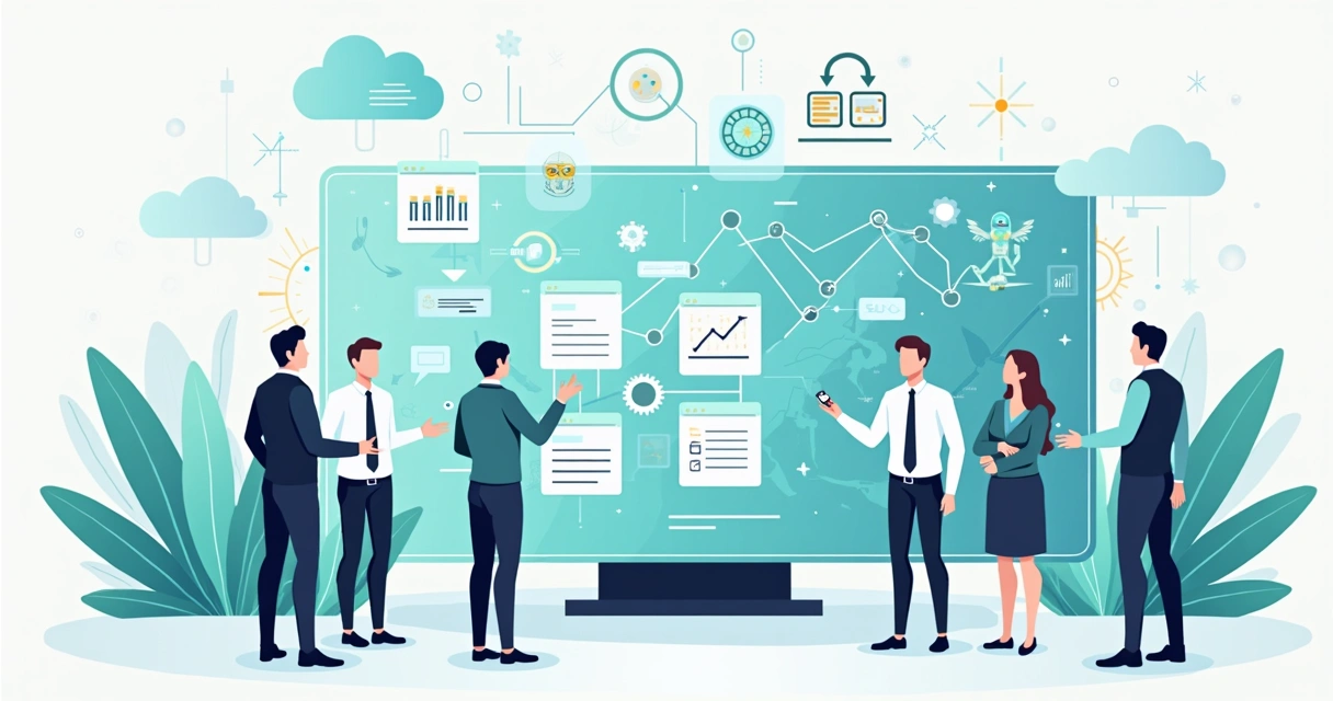 Ilustração corporativa flat de equipe de vendas B2B usando inteligência artificial com gráficos e automação digital