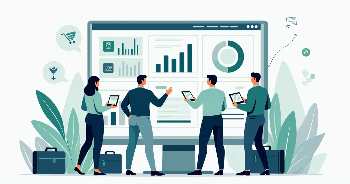 Ilustração corporativa de equipe de vendas analisando gráficos e indicadores digitais em telas com elementos de negócios B2B