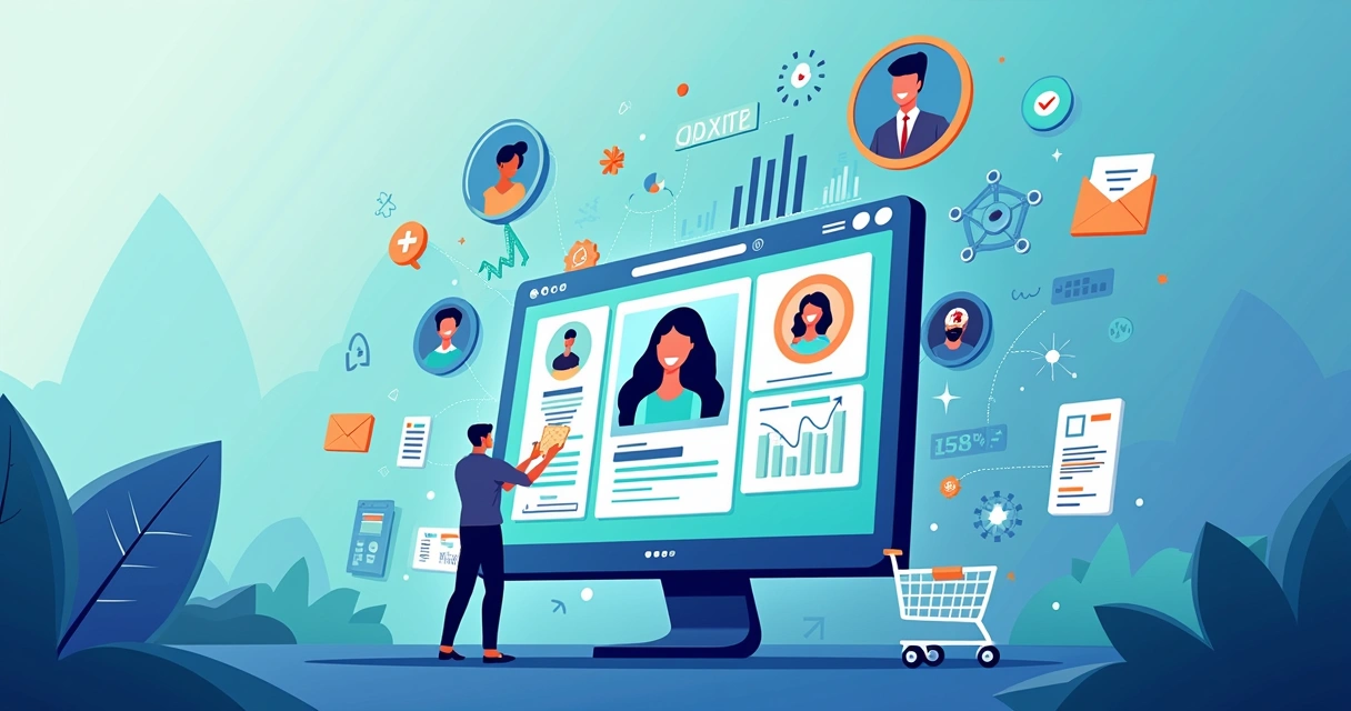 Ilustração corporativa de uma jornada do cliente personalizada com IA no e-commerce, mostrando gráficos, algoritmos e interação digital