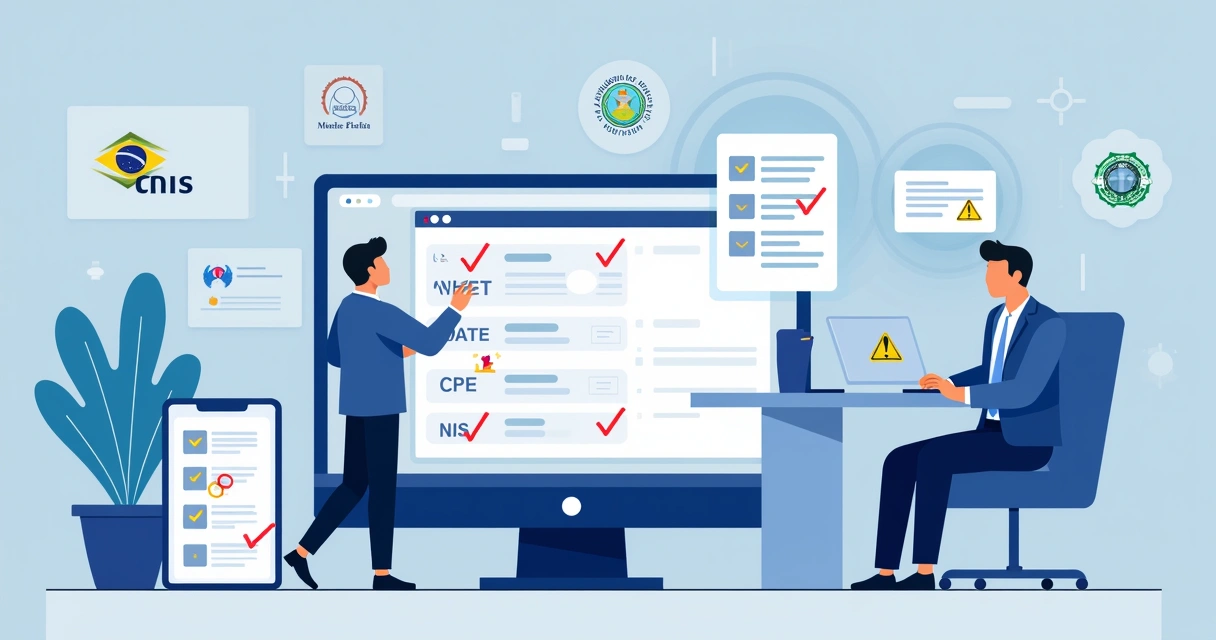Ilustração corporativa da qualificação cadastral do eSocial com documentos e dados de trabalhadores sendo verificados digitalmente