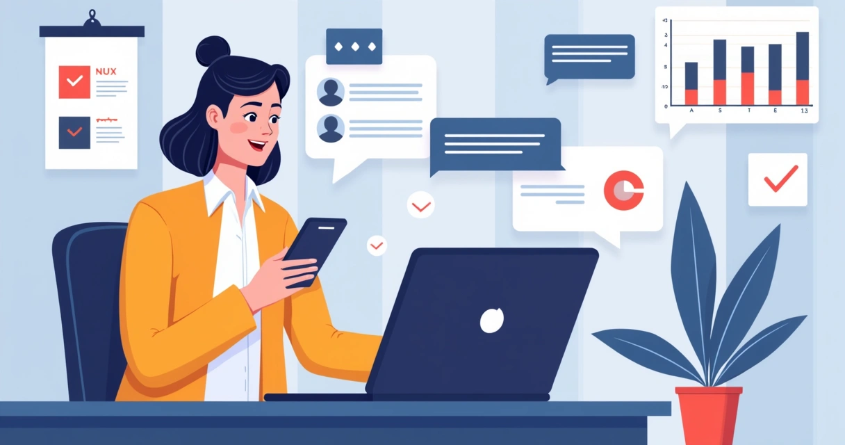 Ilustração corporativa flat mostrando um vendedor usando smartphone para enviar mensagens de vendas no WhatsApp, com ícones de chat, gráficos de vendas e checklists ao redor, cenário moderno e cores vibrantes