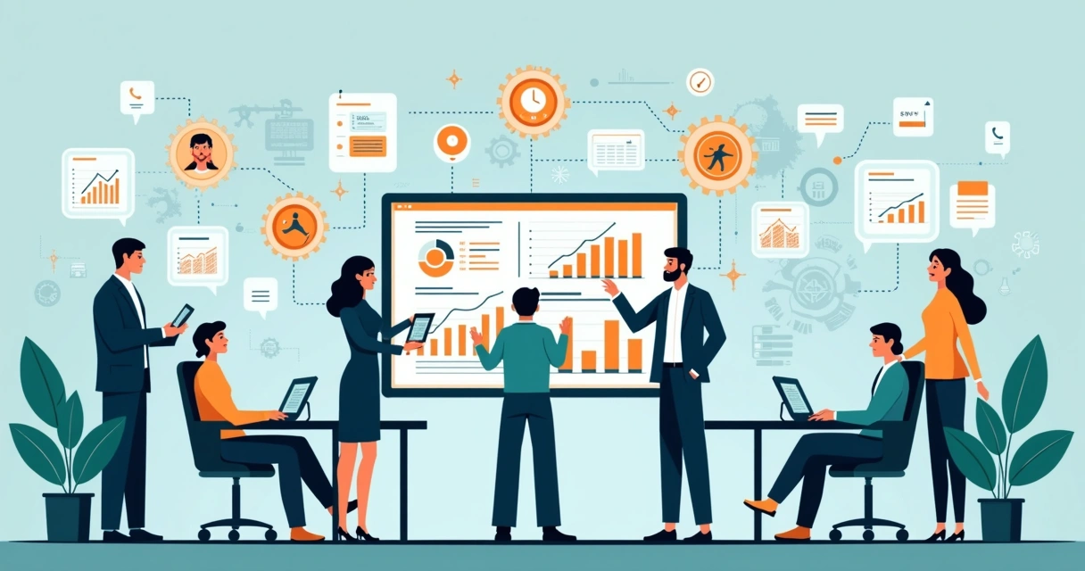 Ilustração corporativa mostrando centralização de dados e processos de RH em uma plataforma digital
