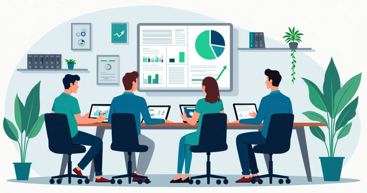 Ilustração corporativa de equipe administrativa organizada em reunião com gráficos e tecnologia