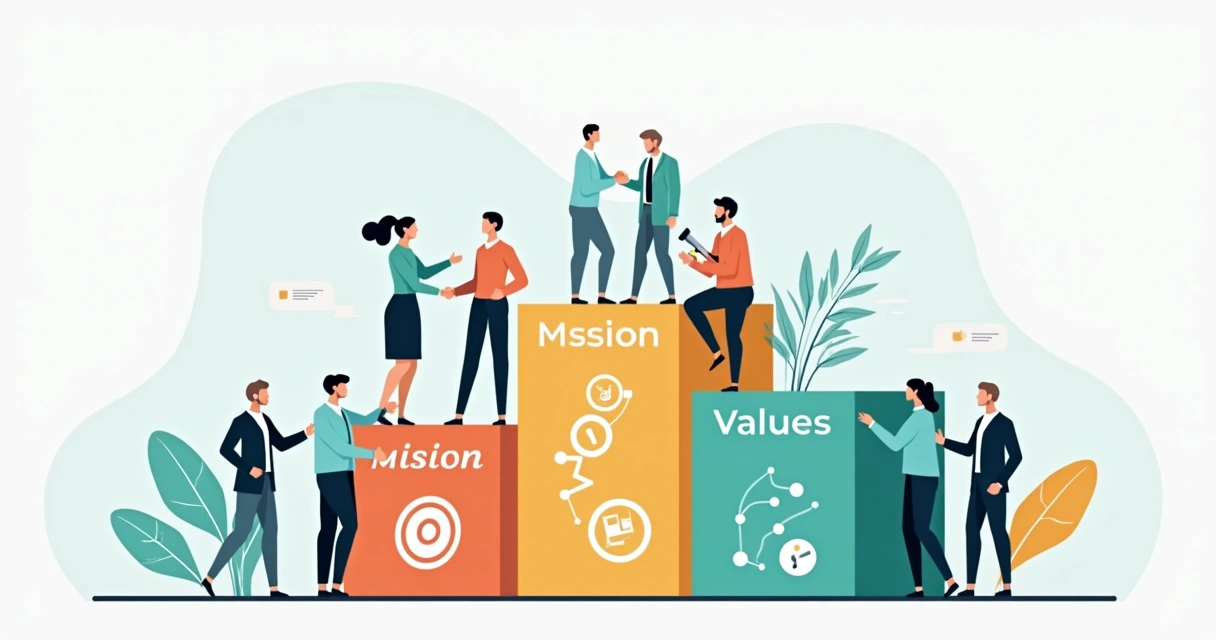 Ilustração corporativa com três blocos representando missão, visão e valores com ícones e pessoas trabalhando em equipe