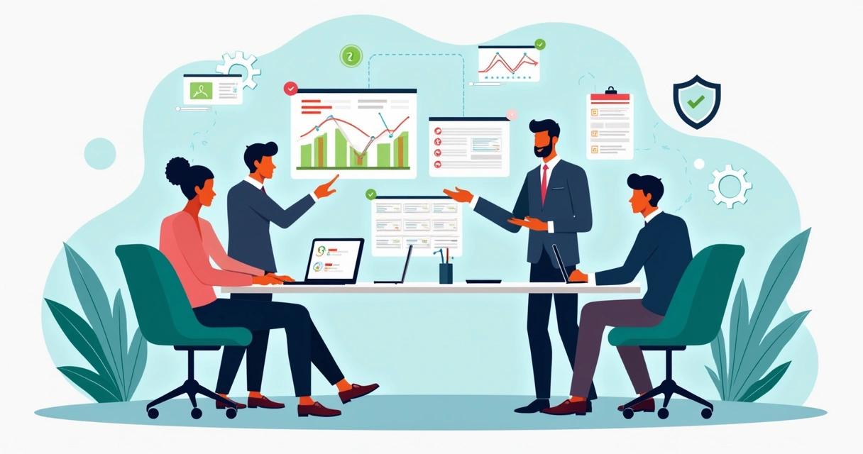 Ilustração corporativa flat mostrando equipe de profissionais revisando processos de qualidade com gráficos, computadores e símbolos de segurança e tecnologia