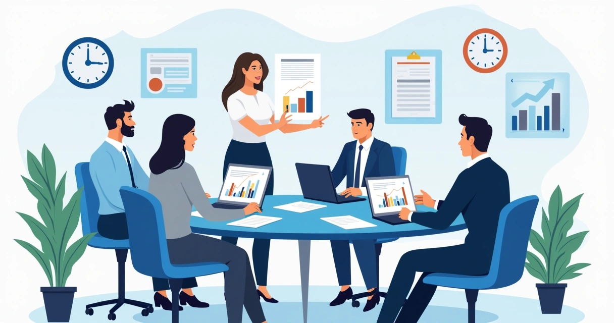 Ilustração corporate flat de uma reunião corporativa sobre contratos de arrendamento com gráficos, documentos e representações de cálculos financeiros