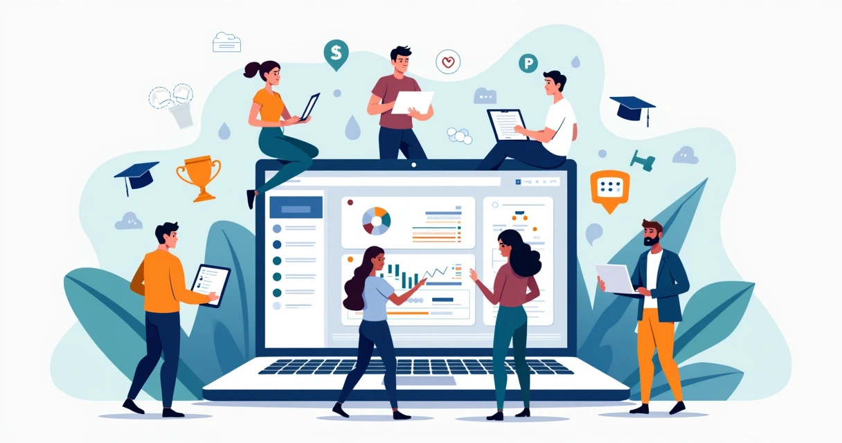 Ilustração de plataforma LMS com funcionários aprendendo online em ambiente corporativo