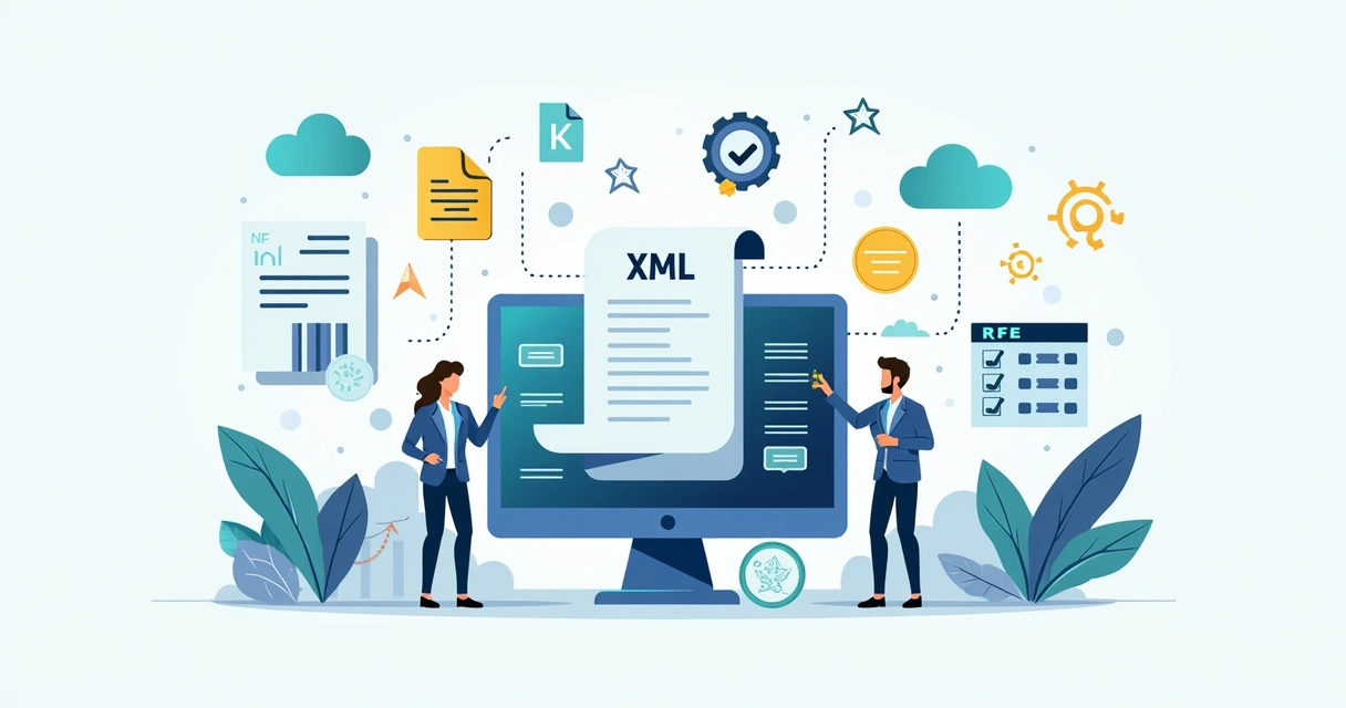 Ilustração de XML e NF-e na gestão fiscal com sistemas integrados