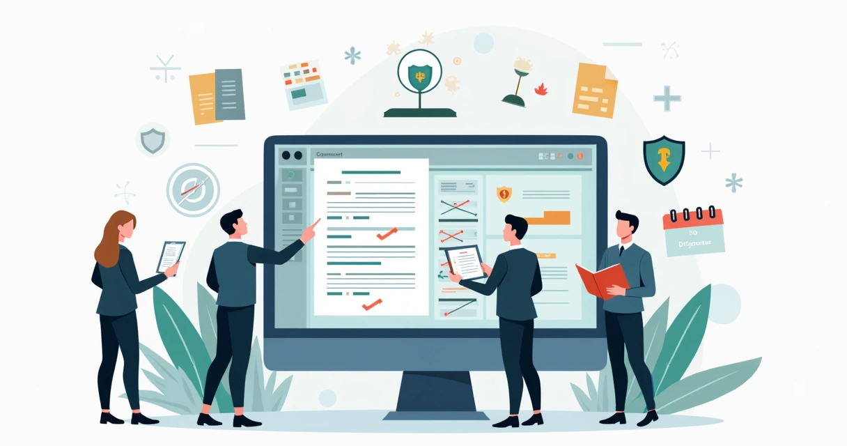 Ilustração de equipe analisando contratos em tela com ERP para reduzir riscos