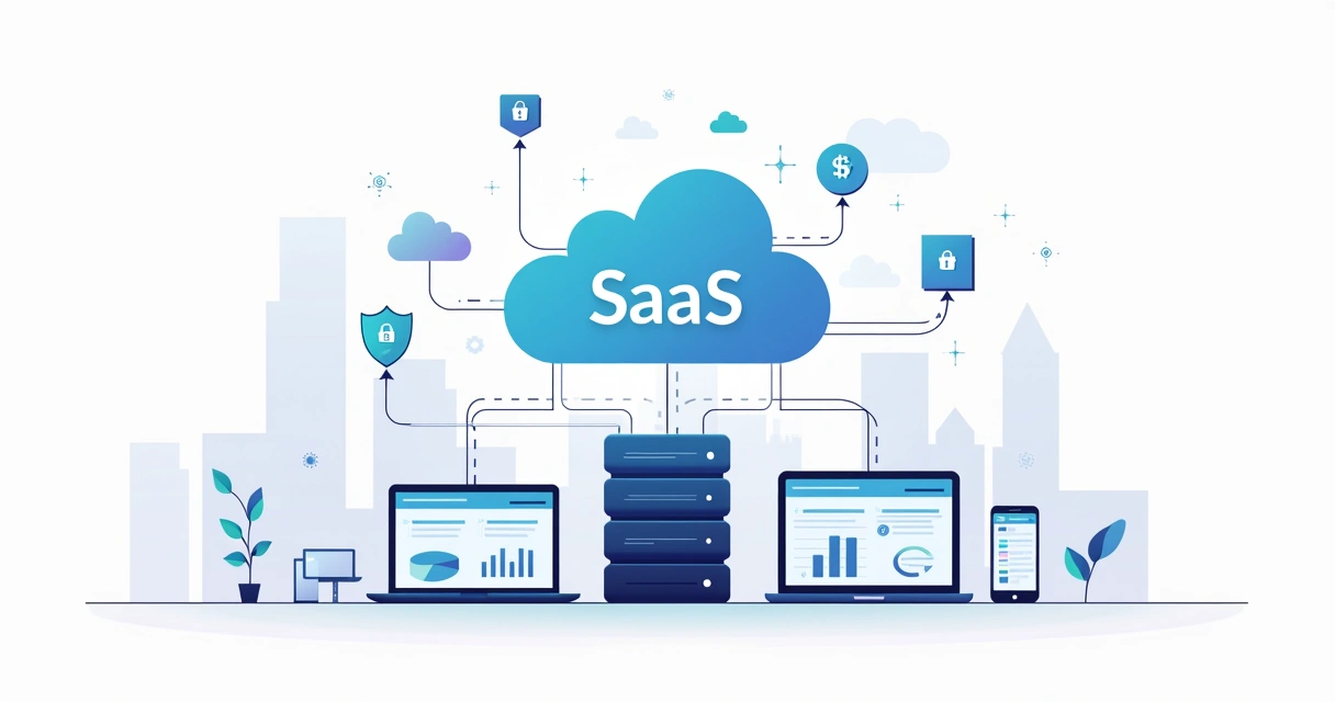 Ilustração de ERP em nuvem no modelo SaaS conectado a vários dispositivos empresariais