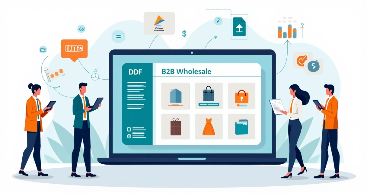 Ilustração de catálogo PDF integrado ao ERP em tela de notebook com equipe de vendas B2B