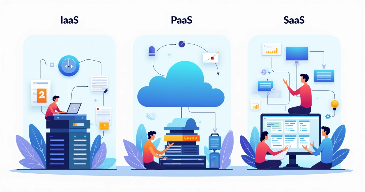 Ilustração comparando PaaS SaaS e IaaS com integrações ERP em nuvem