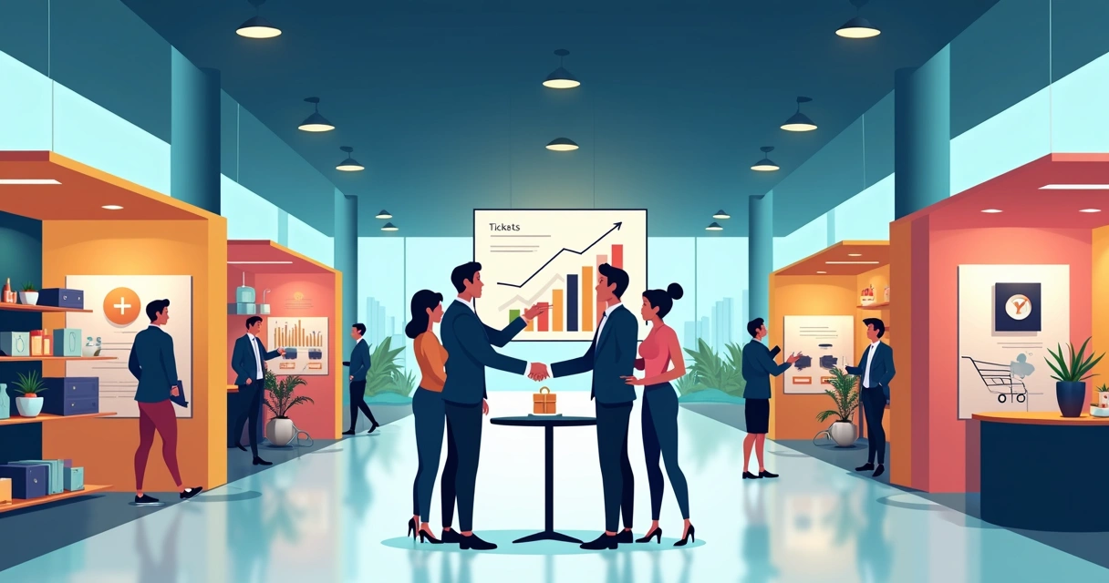Representantes em feira B2B de decoração negociando em frente a um grande painel de gráficos de vendas ascendentes