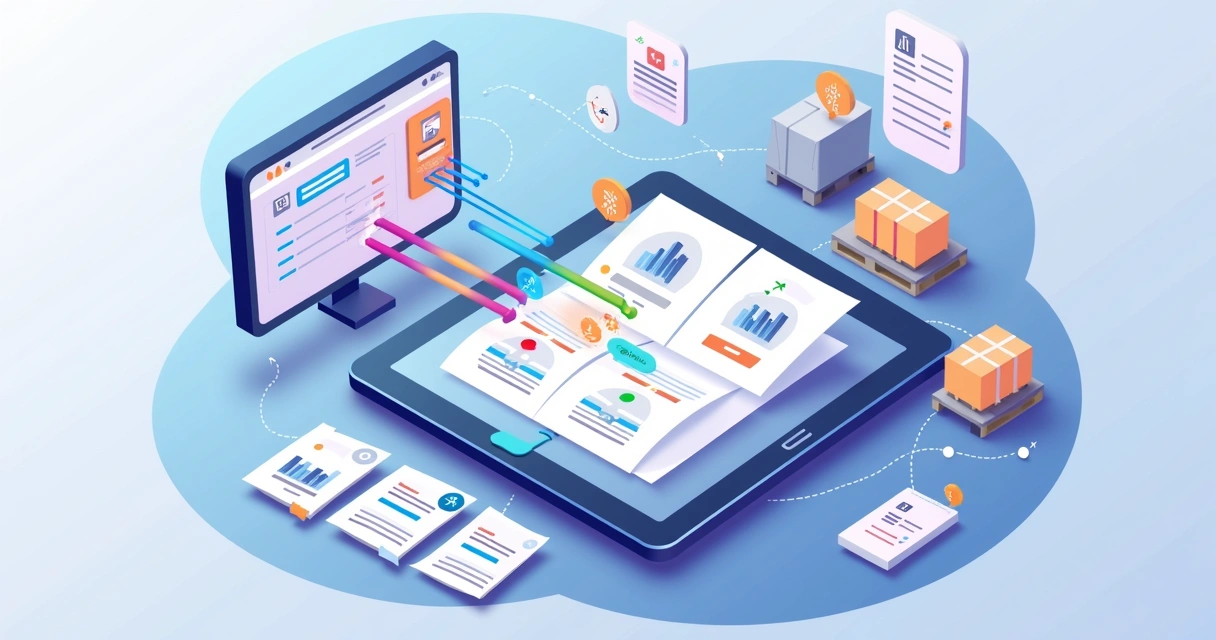 Ilustração de produtos surgindo de um sistema ERP e formando um catálogo digital em poucos minutos