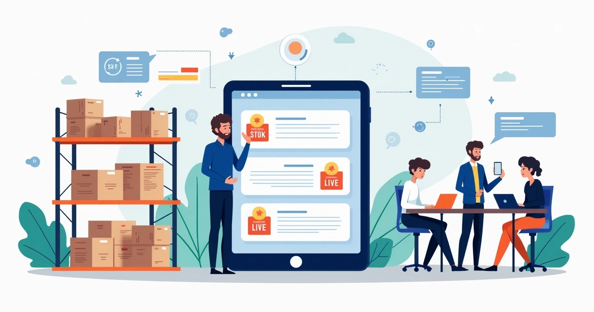 Ilustração de pedidos B2B sendo sincronizados em tempo real entre estoque e clientes