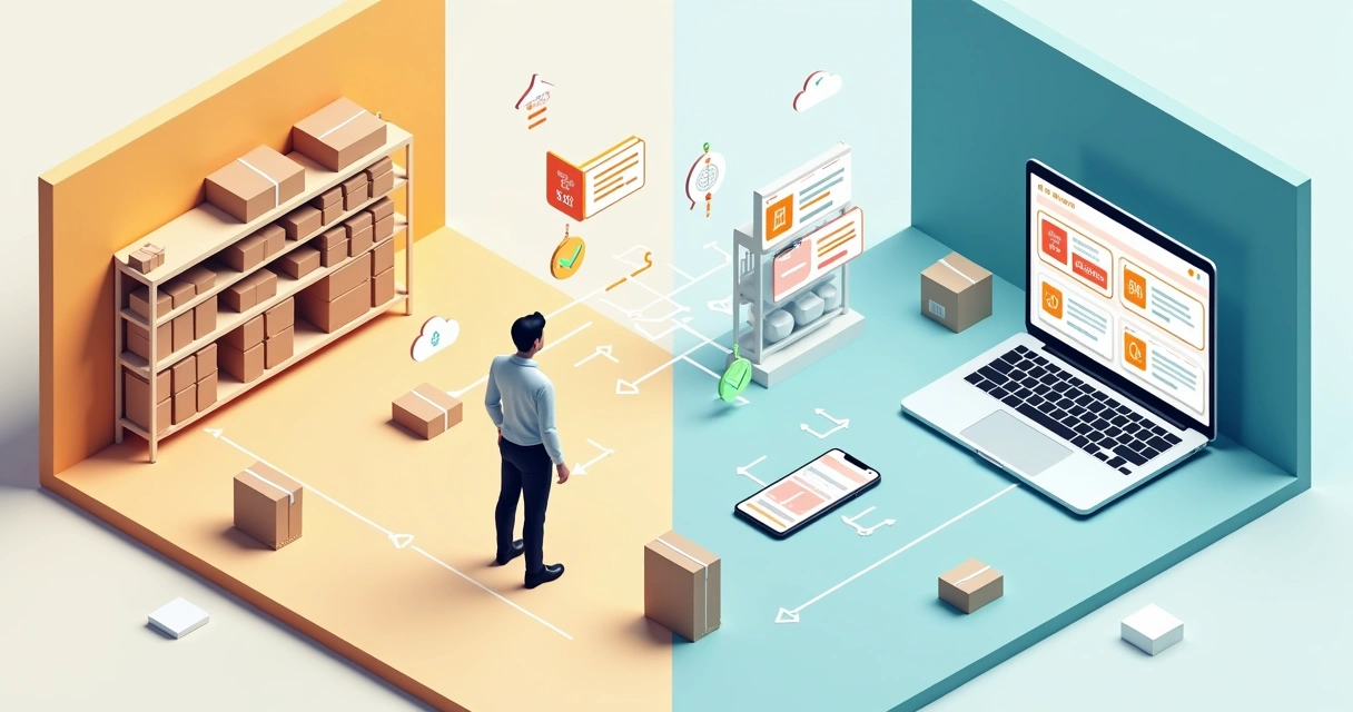 Gestor conciliando estoque entre loja física e ecommerce em painel unificado