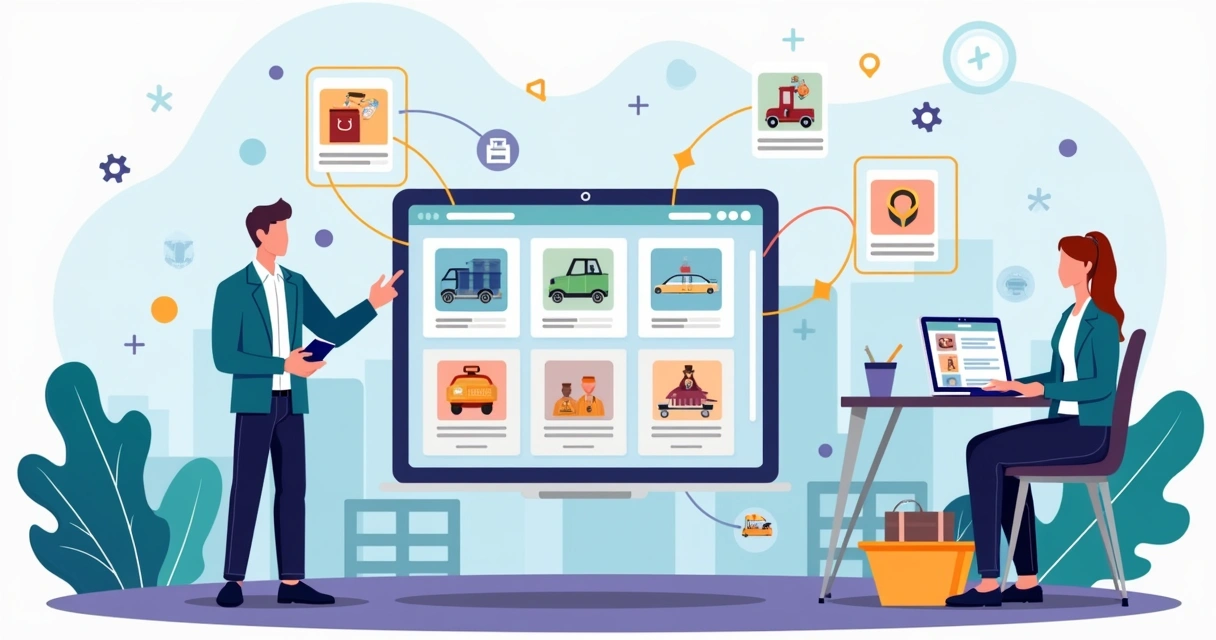 Equipe B2B conectando produtos em um catálogo digital para cross-selling