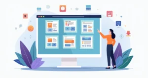 Gestor escolhendo layout de catálogo com vários setores em painel digital